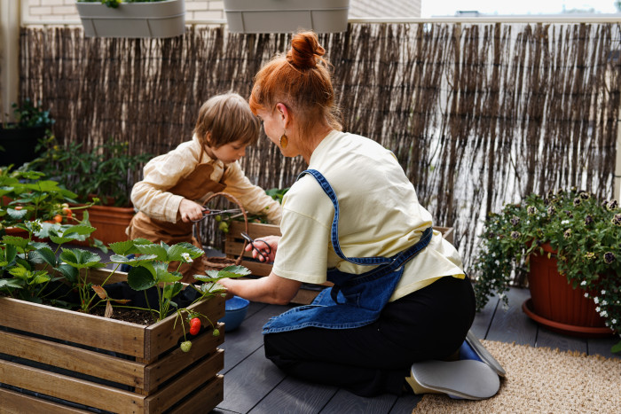 Woman and young child gardening